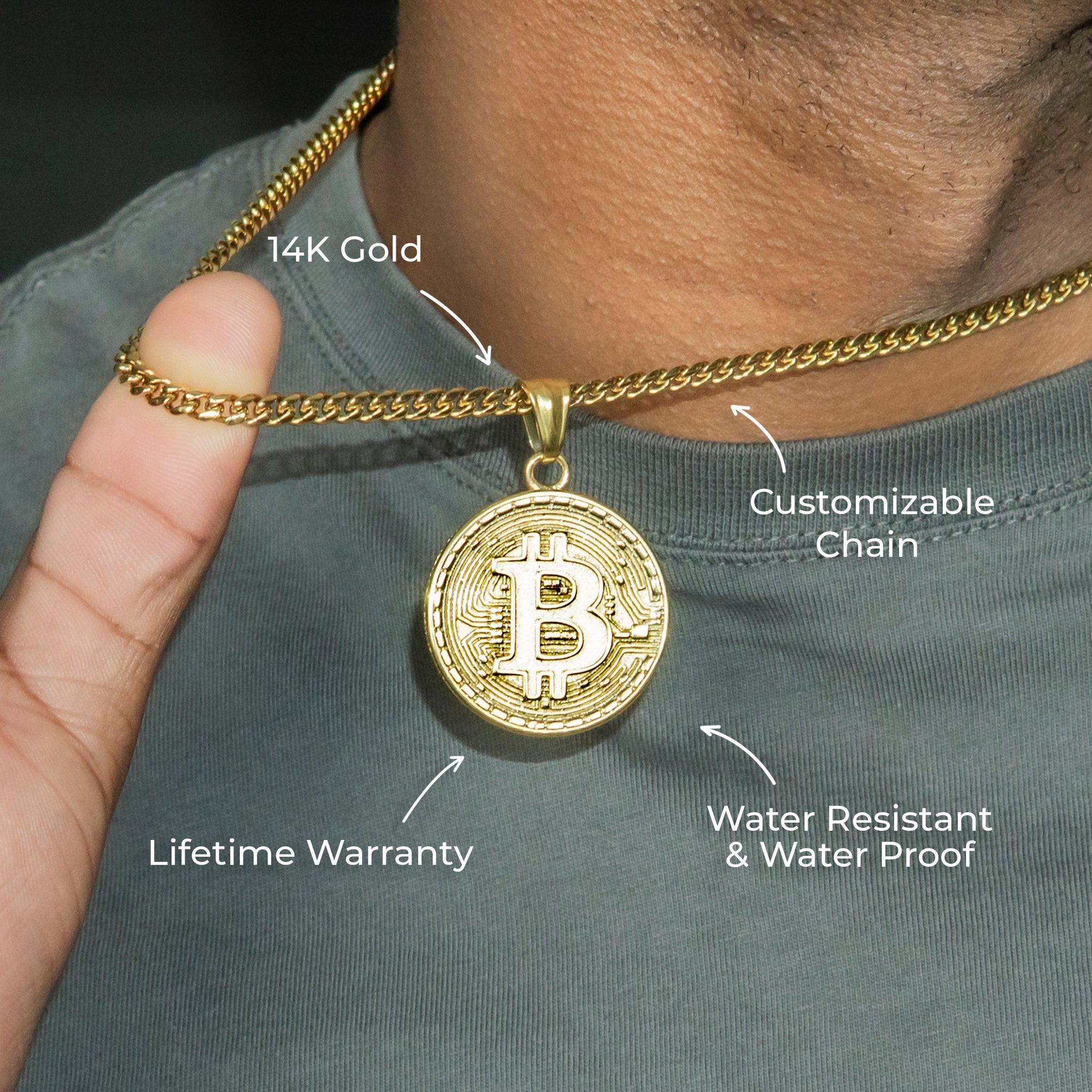 Mens Jewelry - 14K Gold Bitcoin Necklace | Appx. 17 Grams
