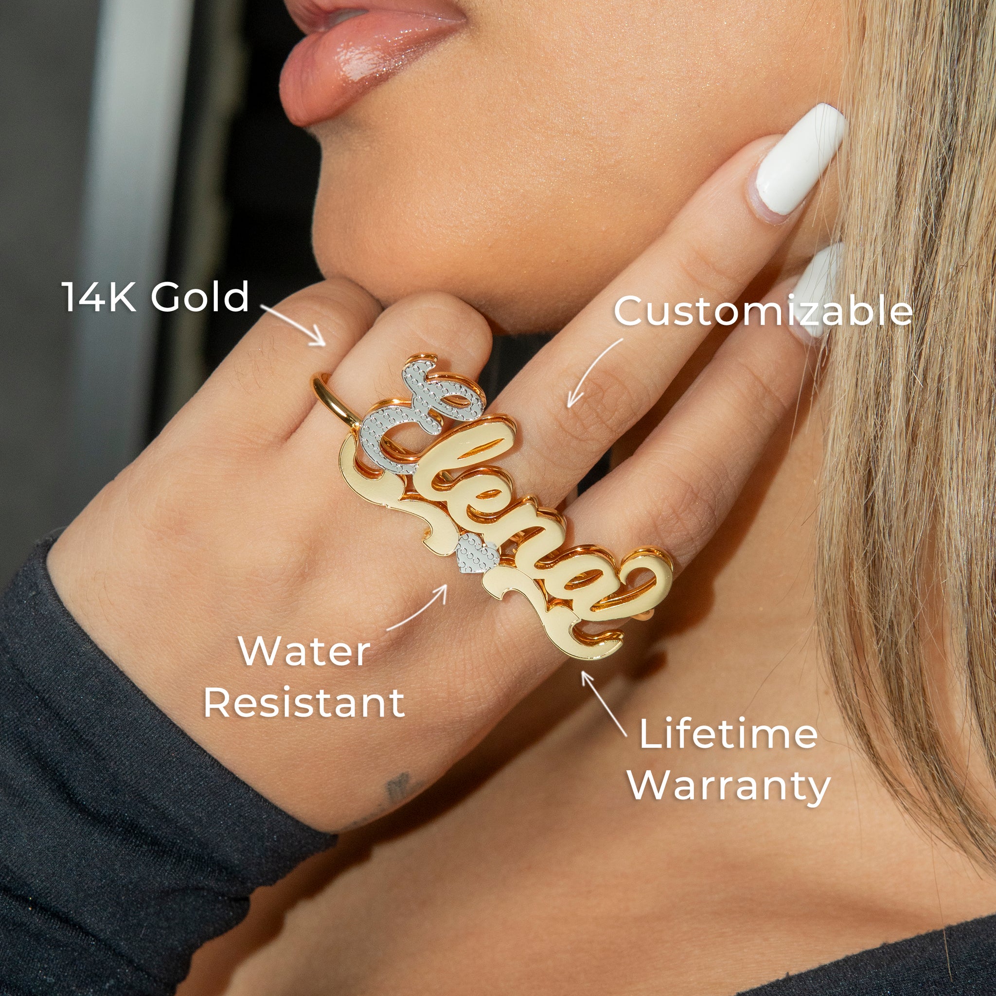 PERSONALIZED 14K GOLD PLATED FLAT NAME RING W/ HEART ANY NAME UP TO 7 LETTERS
