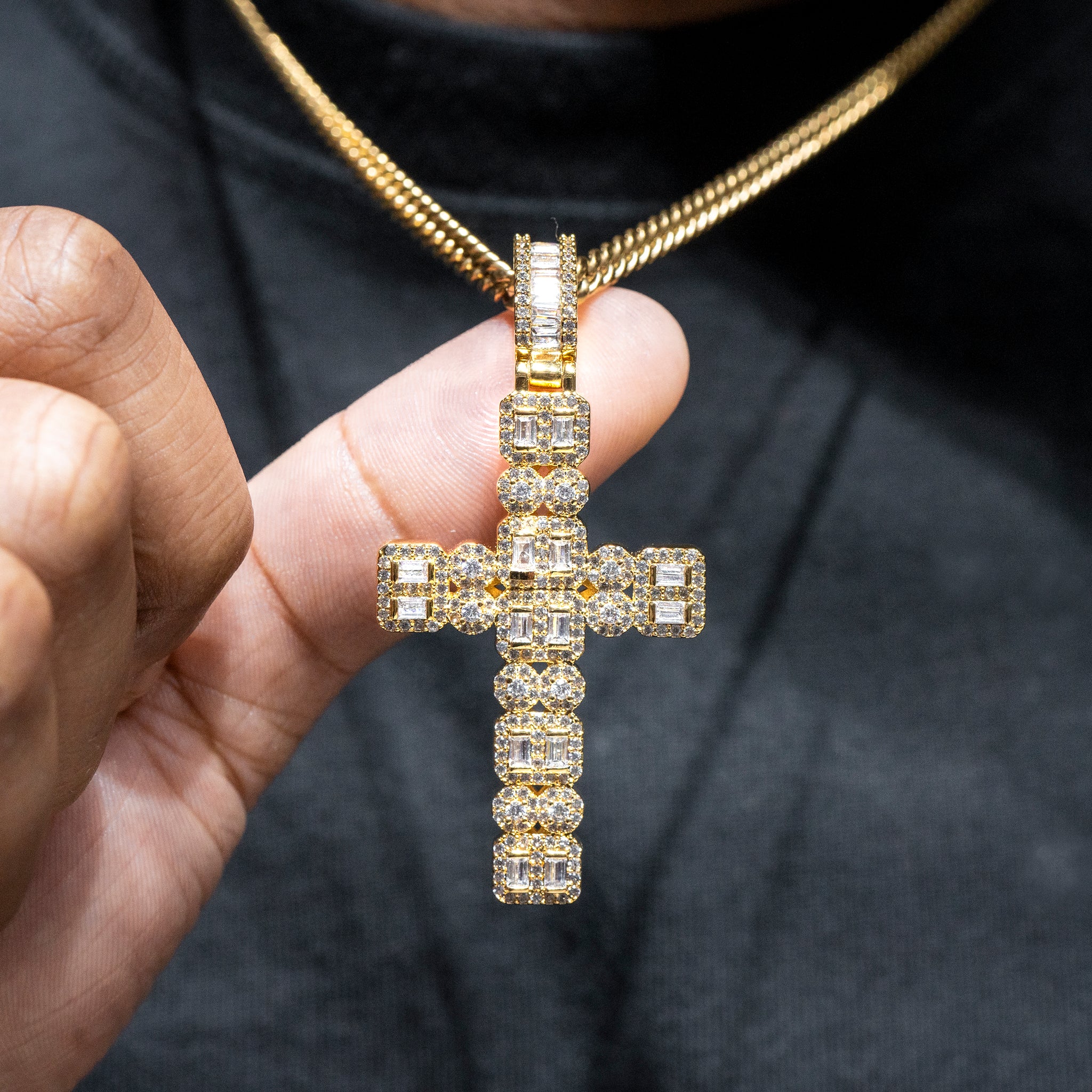 Mens Jewelry Gold Iced Out VVS Baguette Cross Necklace