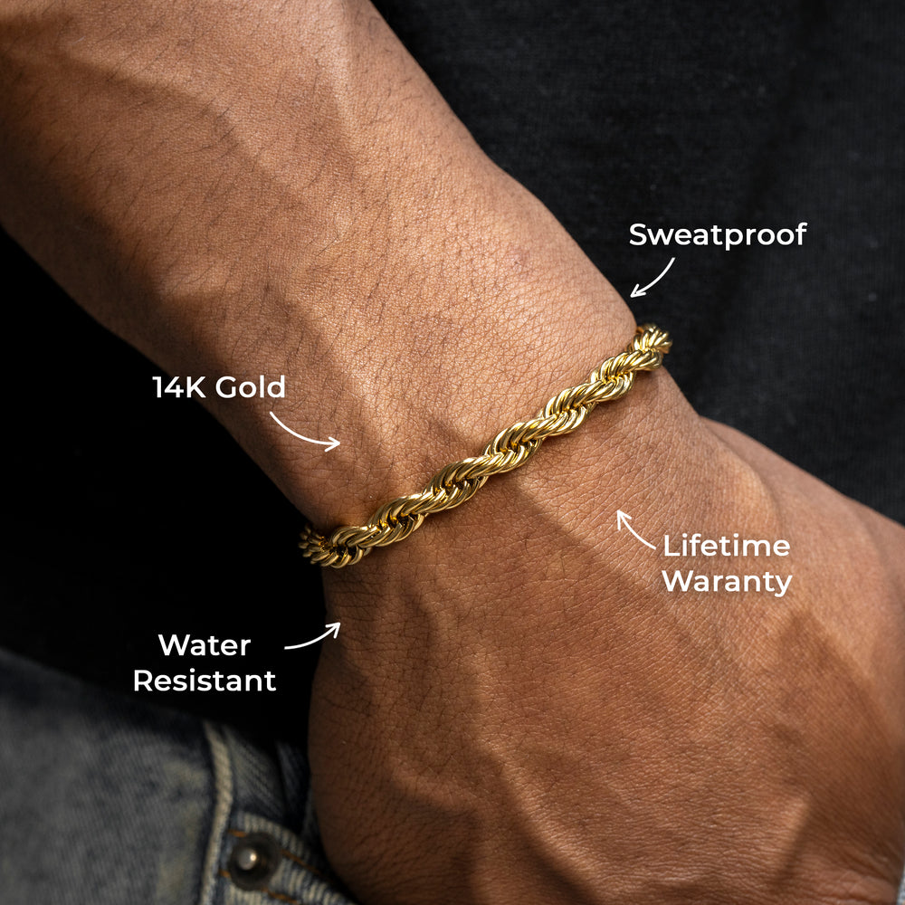 Gold Jewelry -  Mens 14K Gold Solid Rope Bracelet