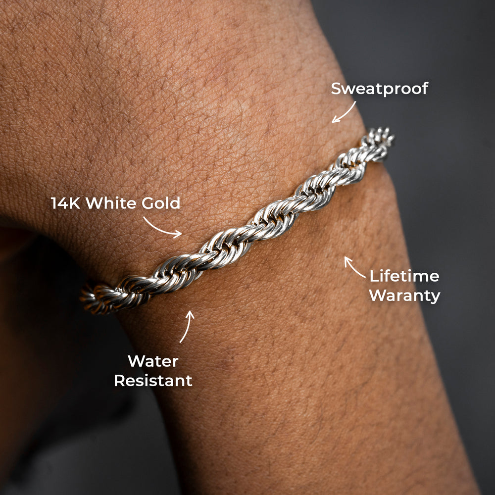 Gold Jewelry -  Mens 14K White Gold Solid Rope Bracelet