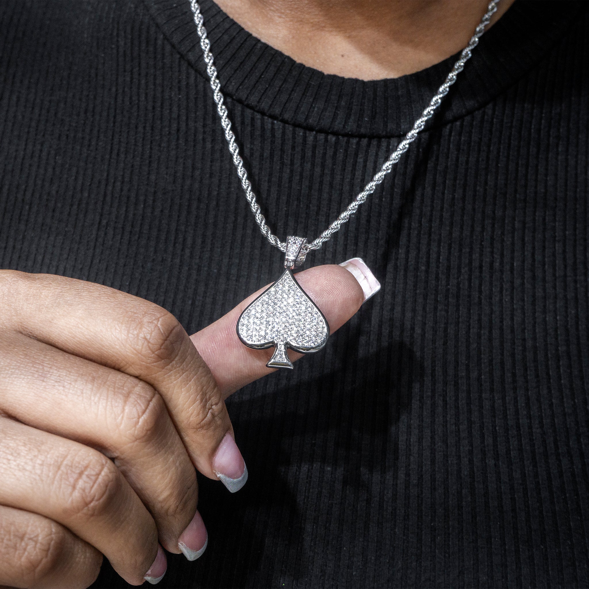 Mens Jewelry - 14K White Gold Iced Out VVS Ace of Spades Necklace | Ap