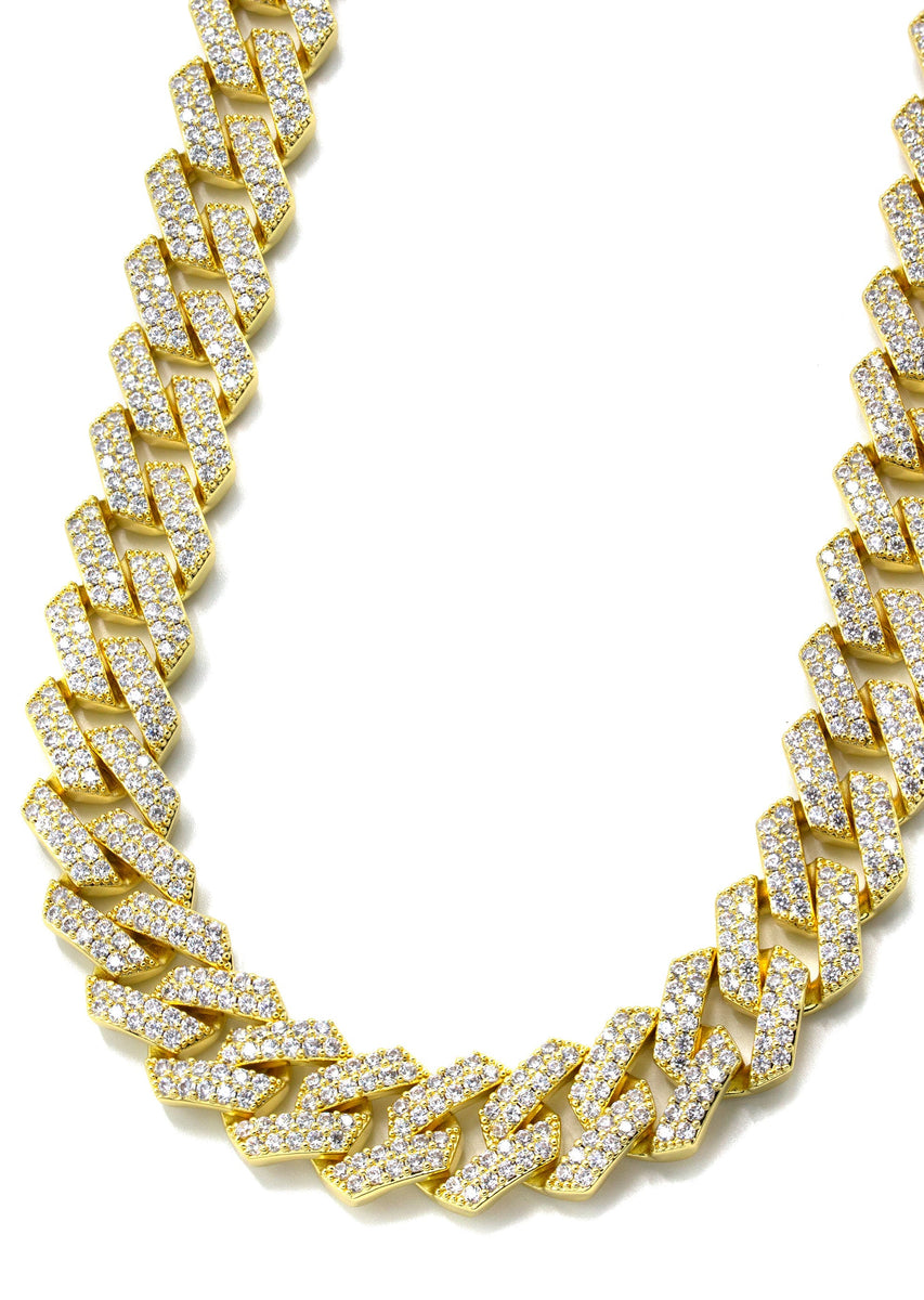 Mens Gold Iced Out Two Row Prong Set Miami Cuban Link Chain | 14 MM ...