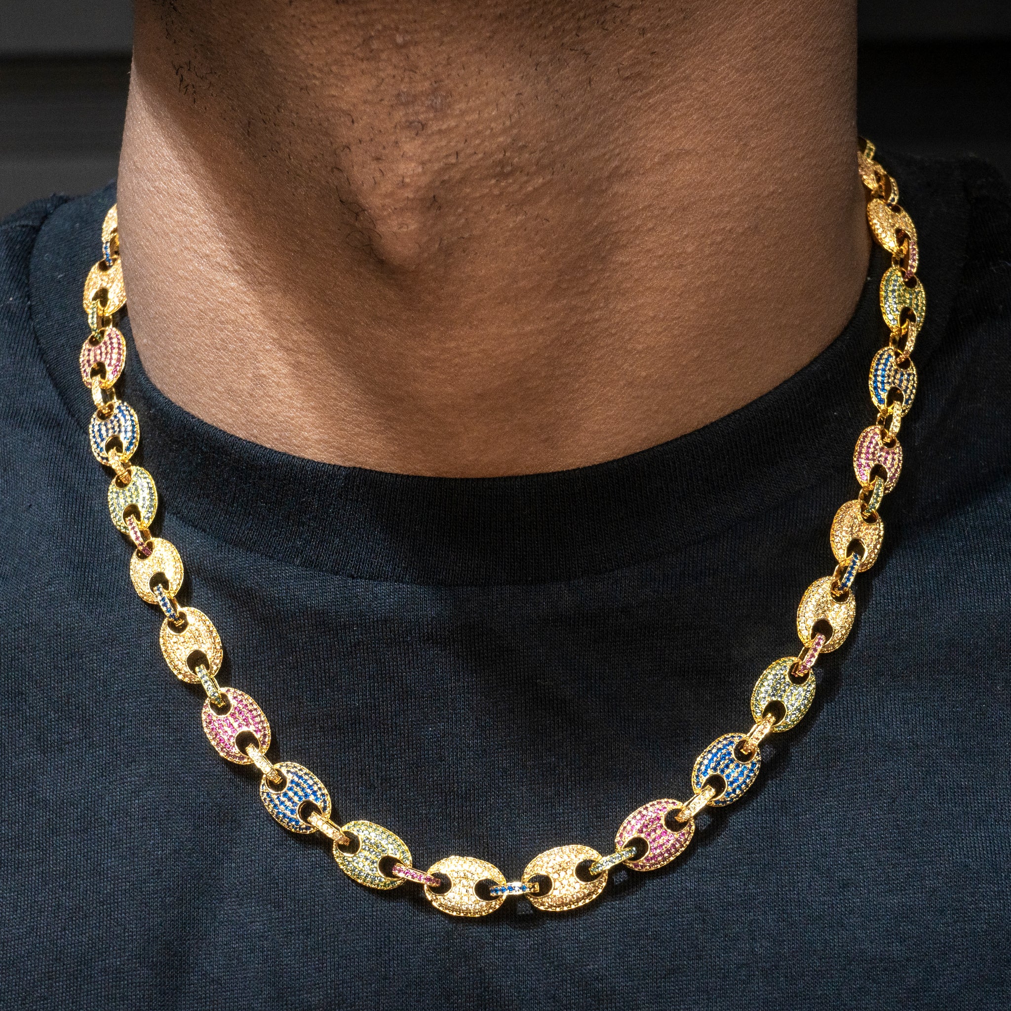 Gold Jewelry - Mens 14K Gold Iced Out VVS Rainbow Puff Link Chain