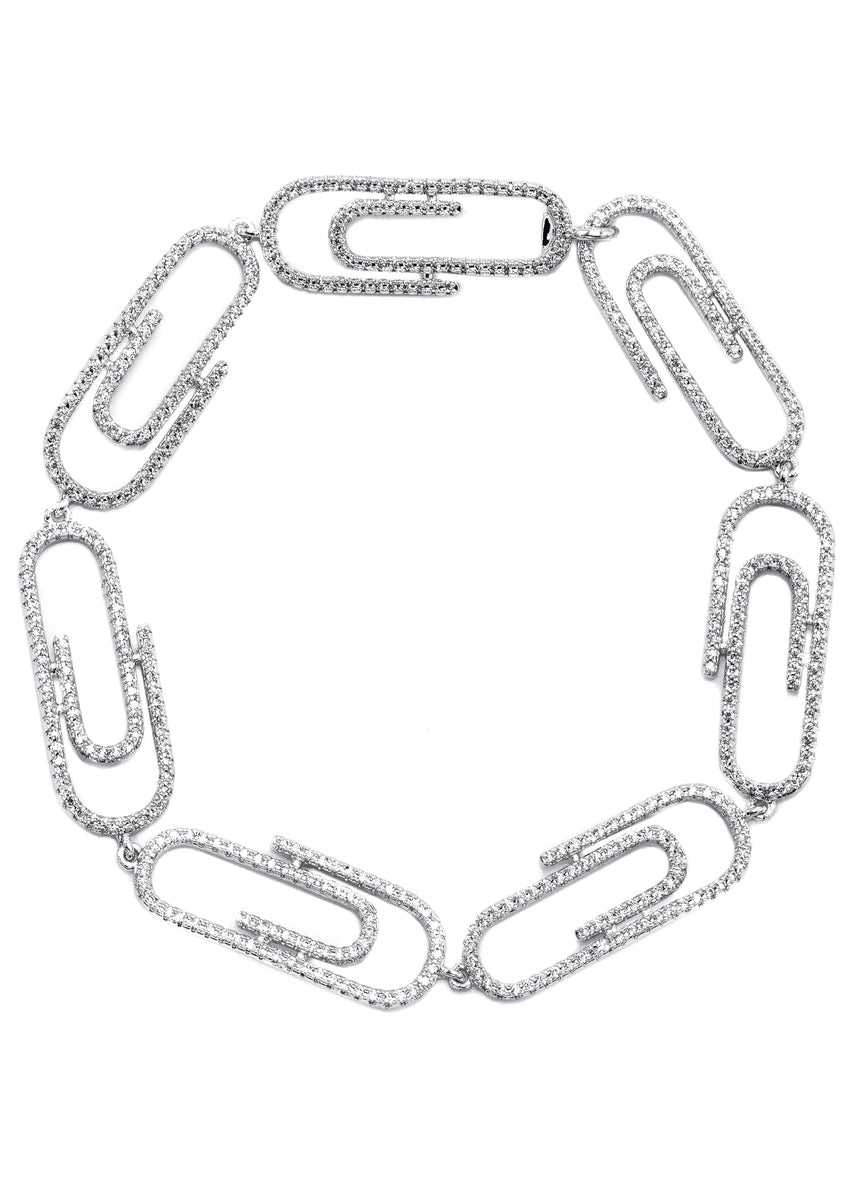 Mens White Gold Iced Out Paper Clip Bracelet