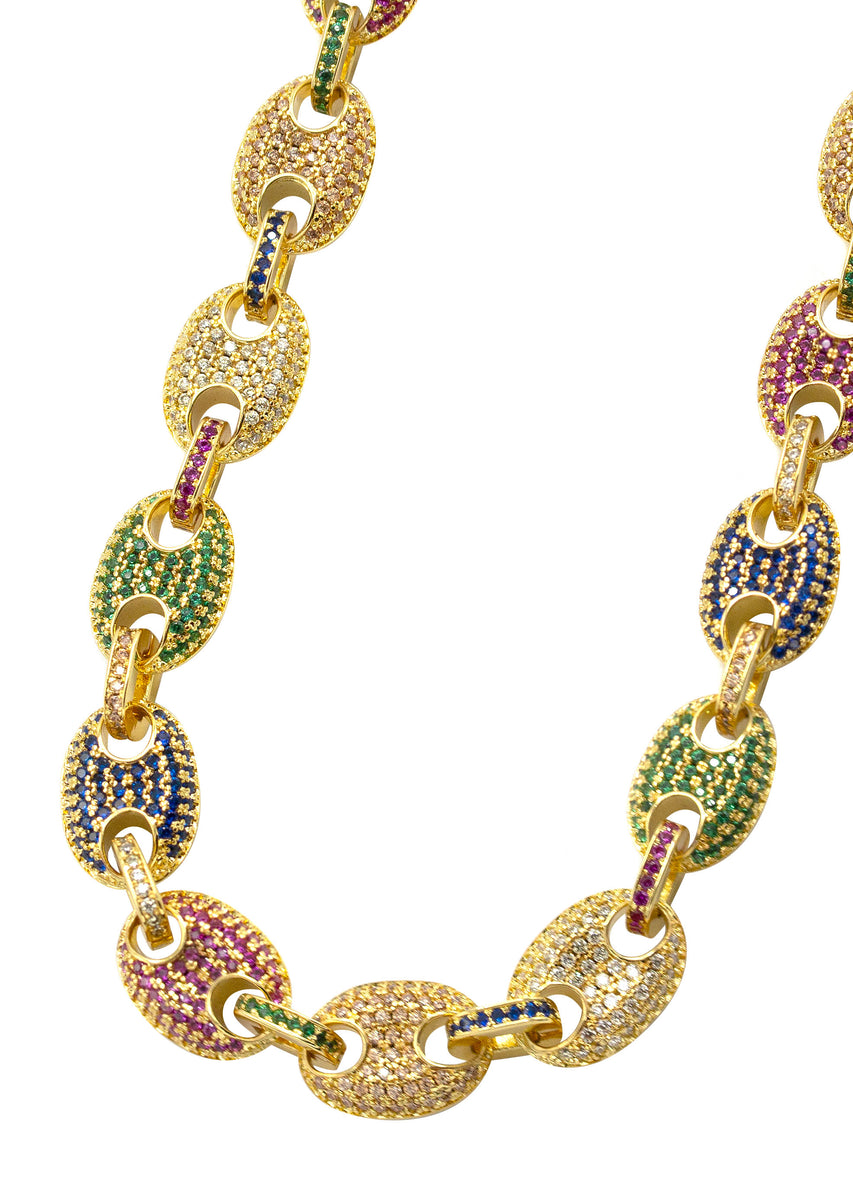 Mens Gold Iced Out Rainbow Puff Link Chain