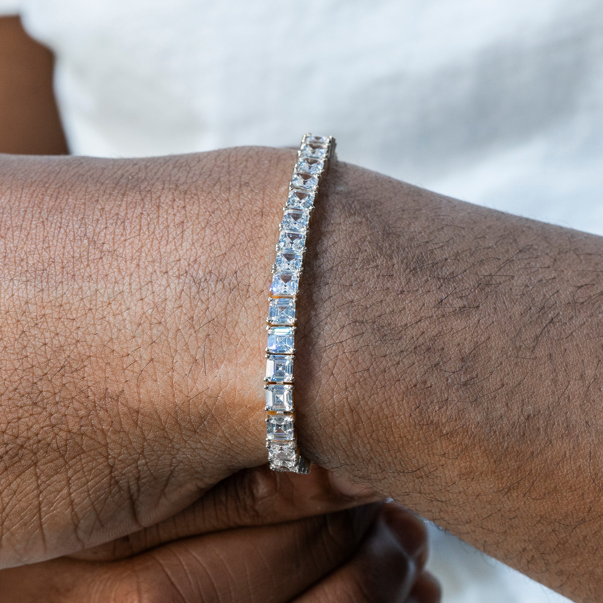 Gold Jewelry Mens 14K White Gold Asscher Cut Iced Out VVS Tennis Bra